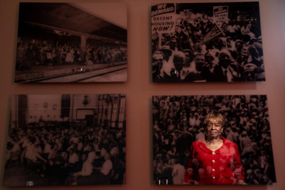 Clayola Brown, 74, president of the A. Philip Randolph Institute stands next to images of events surrounding the civil rights movement and 1963 March on Washington as she poses for a portrait in her office building. As a teenager, Brown attended the March on Washington, which will be celebrating its 60th anniversary this August.