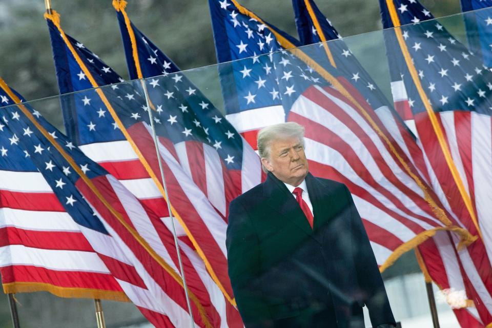 Donald Trump standing in front of US flags.