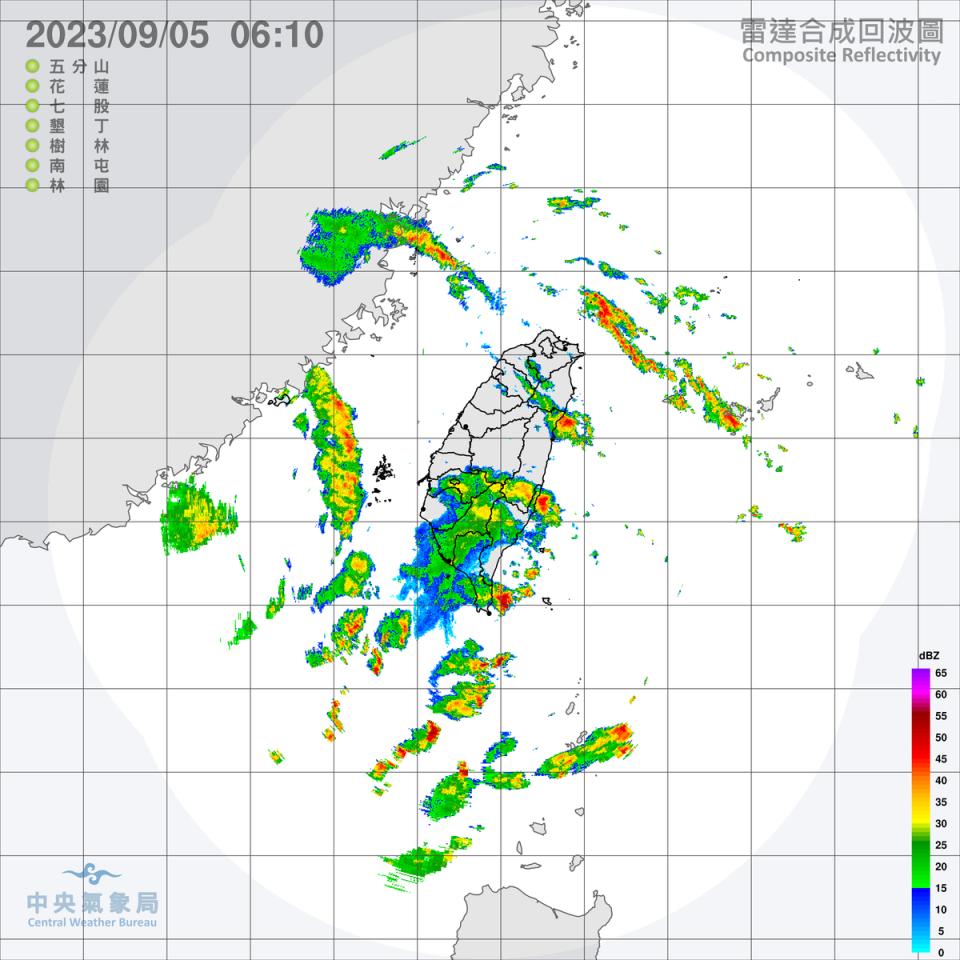 雷達合成回波圖。（中央氣象局提供）