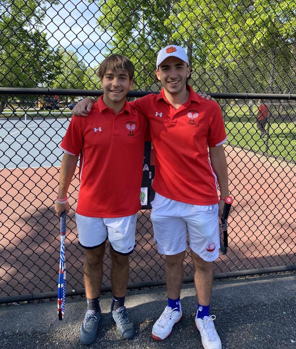 Durfee seniors Chris Panchley and Jorge Beltran-Sainz pose for a photo on Senior Day.