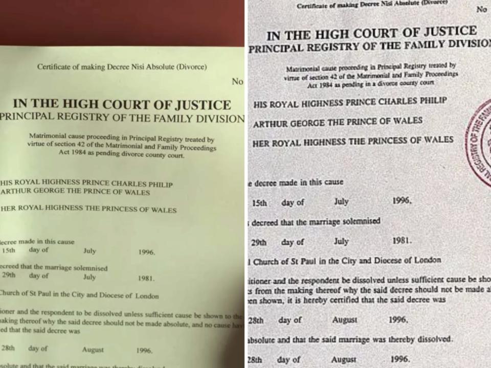 A replica of the final divorce papers of Prince Charles and his former wife Princess Diana as shown in "The Crown" and the real divorce papers dated August 28, 1996