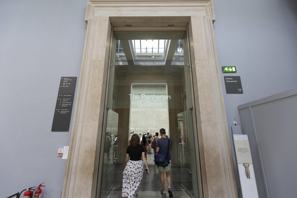 People admire the Parthenon Marbles inside the Parthenon Galleries in the British Museum. The marbles are also known as Elgin Marbles, with sculptures are artifacts of the frieze and the East Pediment from the Parthenon in the Acropolis of Athens. The marbles are displayed to visitors in the British Museum. The Greek government is in dispute with the British government and the museum, demanding the return of the marbles. London, United Kingdom UK on August 2022 (Photo by Nicolas Economou/NurPhoto via Getty Images)