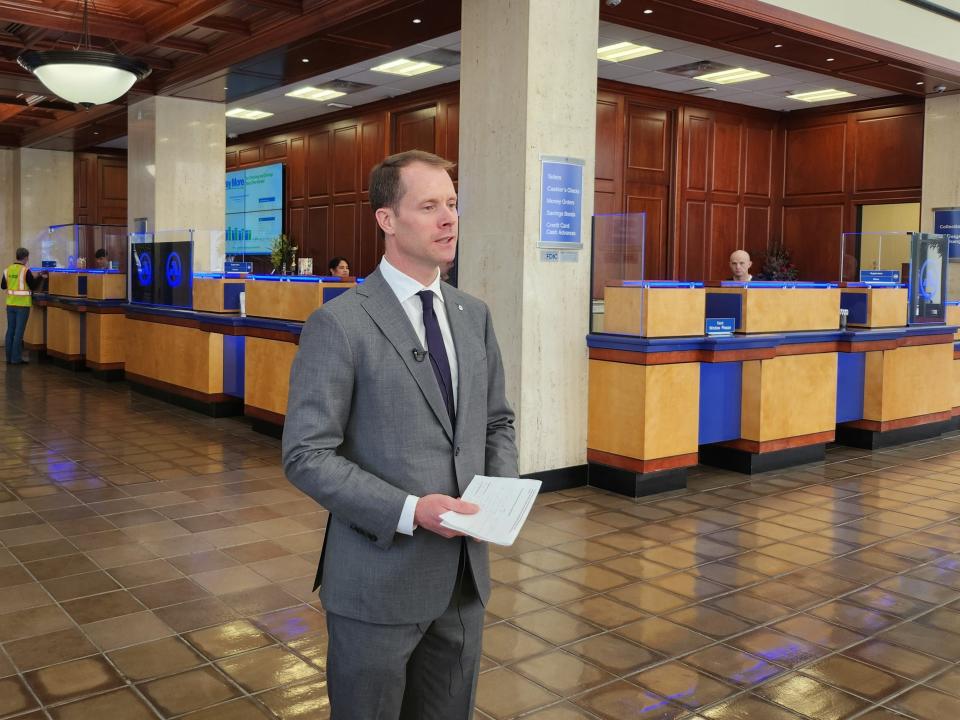 Amarillo National Bank president William Ware discusses the bank's $1 million donation, as well as the bank's efforts with the Amarillo Area Foundation to collect more donations benefiting the Panhandle Disaster Relief Fund, as announced Wednesday afternoon in the ANB tower main lobby.