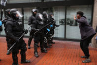 <p>People participate in a protest Monday, Feb. 20, 2017, in Portland, Ore. Thousands of demonstrators turned out Monday across the U.S. to challenge President Donald Trump in a Presidents Day protest dubbed Not My President’s Day. (Dave Killen/The Oregonian via AP) </p>