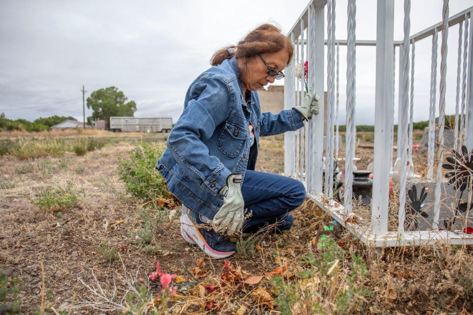 Lucilla Cisneros pulls tumbleweeds from the cage around the older graves in the churchyard. "We care for them as if they're our own."