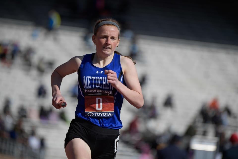 Metuchen's Molly Malague competes in the High School Girls' Distance Medley Championship of America Thursday, April 28, 2022 at the Penn Relays in Philadelphia, Pa. Metuchen placed second in the event.