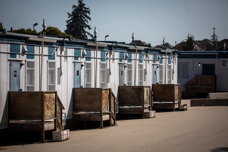 Portable classrooms are pictured near Goldstone Park Elementary School in Surrey, British Columbia on Tuesday, August 15, 2023. 