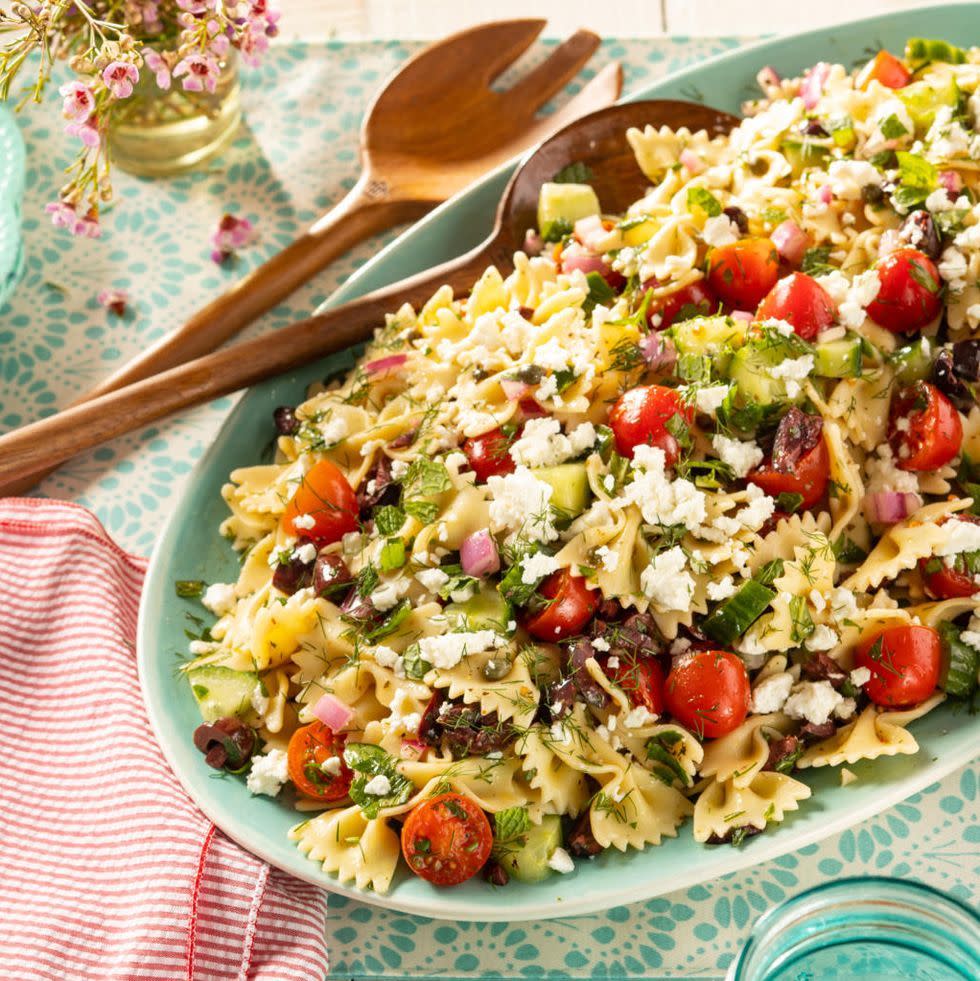 greek pasta salad with bowtie noodles