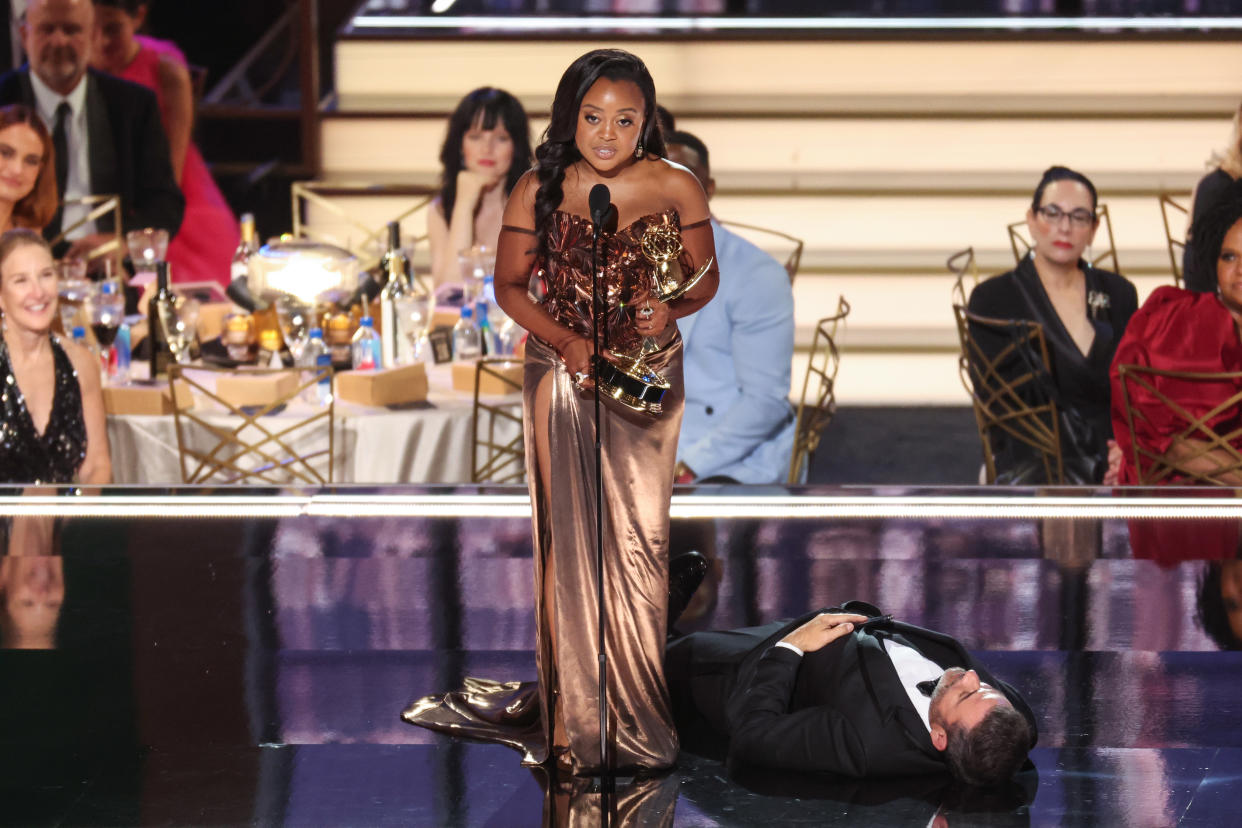 Jimmy Kimmel lies onstage as Quinta Brunson accepts the award for Best Writing in a Comedy Series. The late night host addressed backlash in Howard Stern interview. 