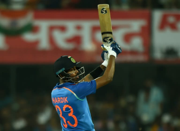 Indian cricketer Hardik Pandya plays a shot against Australia at the Holkar Stadium in Indore on September 24, 2017