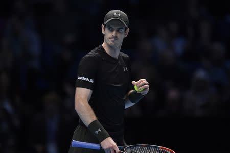 Great Britain's Andy Murray celebrates winning his round robin match against Switzerland's Stanislas Wawrinka. Barclays ATP World Tour Finals - O2 Arena, London - 18/11/16. Action Images via Reuters / Tony O'Brien Livepic