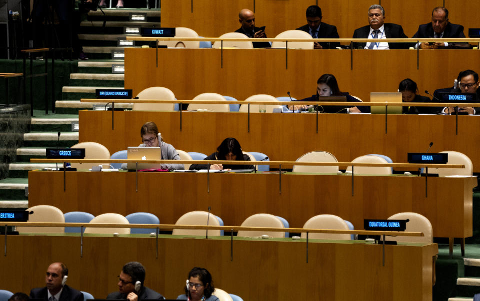 Seats marked for Iran in the General Assembly Hall, upper left, appear empty as Israeli Prime Minister Benjamin Netanyahu addressed the 73rd session of the United Nations General Assembly, at U.N. headquarters, Thursday, Sept. 27, 2018. (AP Photo/Craig Ruttle)