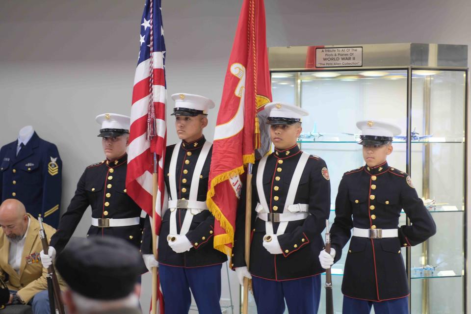 The Caprock High School United States Marine Junior ROTC color guard waits to present the colors during the 2022 Veterans Day Ceremony at the Texas Panhandle War Memorial Center.