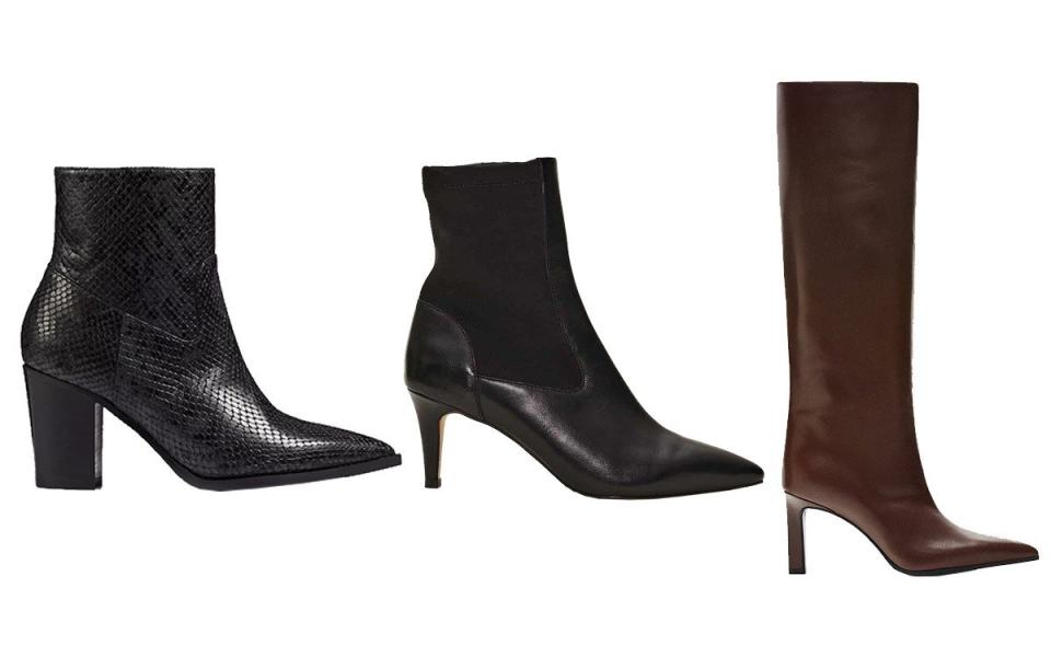 Snake effect, £359, LK Bennett ; Suede and leather, £139, Phase Eight; Leather, £229, Massimo Dutti