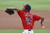 Cleveland Indians starting pitcher Triston McKenzie delivers against the Detroit Tigers during the first inning of a baseball game Saturday, Aug. 22, 2020, in Cleveland. (AP Photo/Ron Schwane)