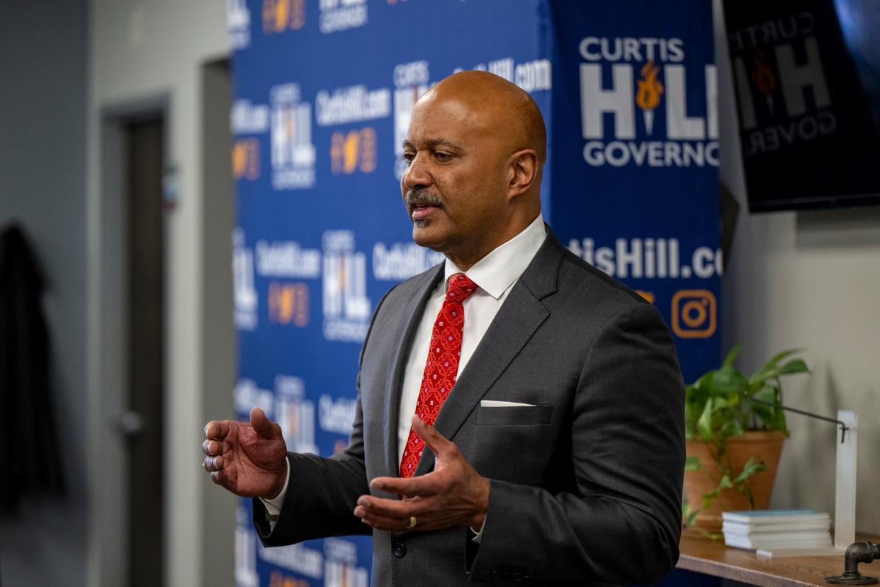 Former Indiana Attorney General Curtis Hill, Republican candidate for Indiana Governor, spoke to a small crowd of voters, Tuesday, March 19, 2024, at MaxLiving Indy, a chiropractic facility on the Northside of Indianapolis.