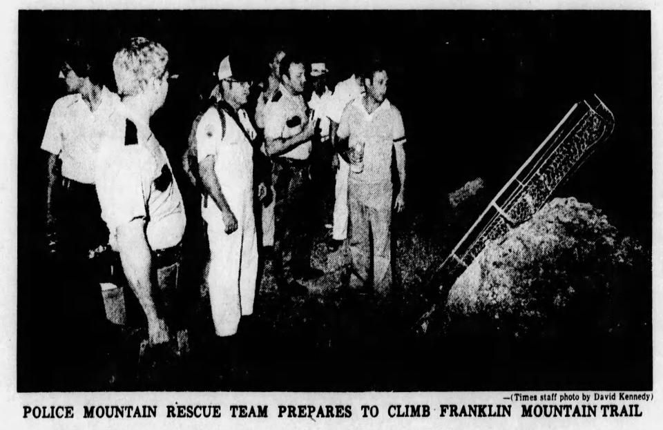 Sept. 10, 1979 Police Mounted Rescue Team prepares to climb Franklin Mountain Trail.