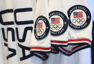 Team USA Tokyo Olympic closing ceremony uniforms are displayed during the unveiling at the Ralph Lauren SoHo Store on April 13, 2021, in New York. Ralph Lauren is an official outfitter of the 2021 U.S. Olympic Team. (Photo by Evan Agostini/Invision/AP)