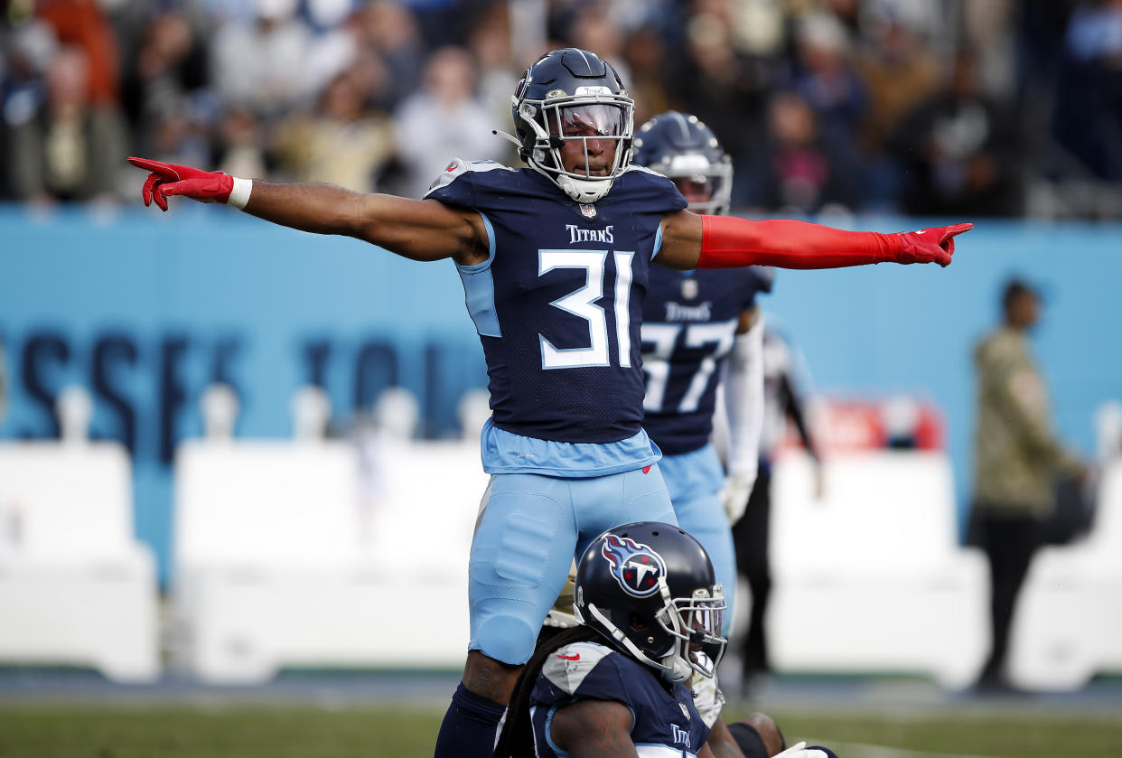 Kevin Byard of the Tennessee Titans reacts after breaking up a pass against the New Orleans Saints. (Photo by Wesley Hitt/Getty Images)