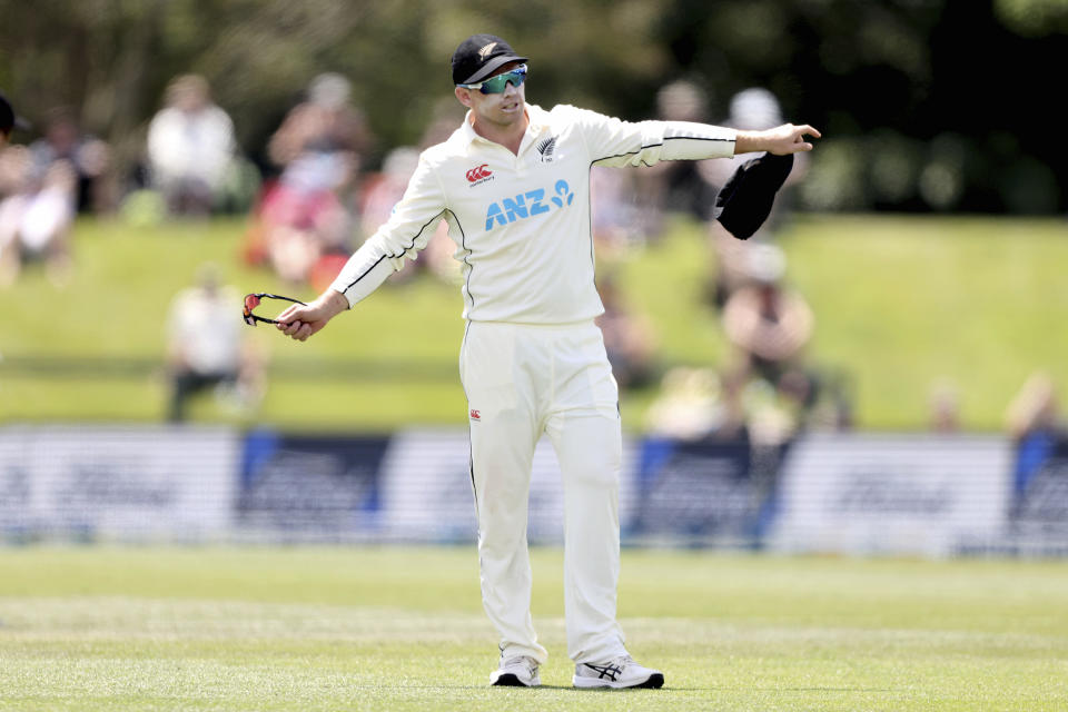 Tom Latham of New Zealand during play on day three of the second cricket test between Bangladesh and New Zealand at Hagley Oval in Christchurch, New Zealand, Tuesday, Jan. 11, 2022. (Martin Hunter/Photosport via AP)