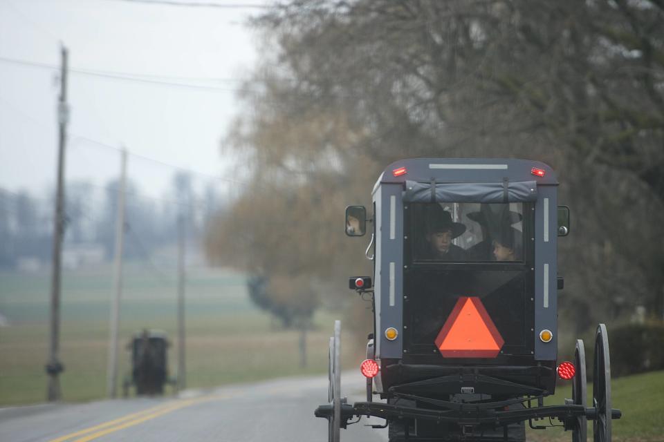 An Amish horse and buggy travels on a road in Bart Township