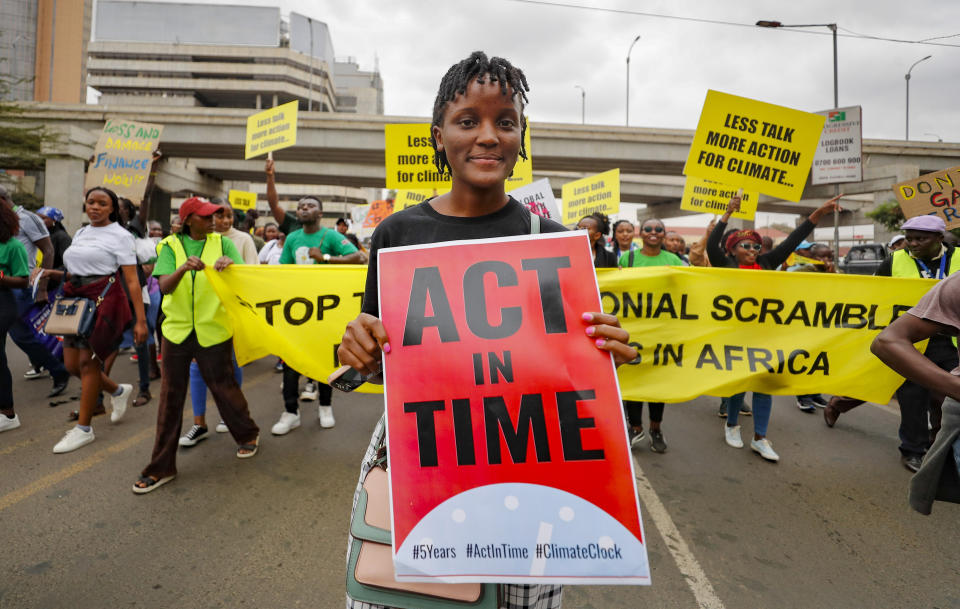 Activist Vanessa Nakate of Uganda takes part in climate protest, in Nairobi, Kenya, Monday, Sept. 4, 2023 as the Africa Climate Summit begins. The first African Climate Summit is opening with heads of state and others asserting a stronger voice on a global issue that affects the continent of 1.3 billion people the most, even though they contribute to it the least. Kenya's government and the African Union are launching the ministerial session while more than a dozen heads of state begin to arrive, determined to wield more global influence and bring in far more financing and support. (AP Photo/Brian Inganga)