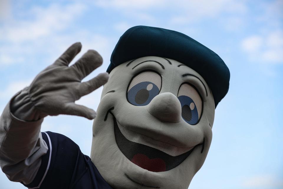 Rusty the hook waves before the game. The Corpus Christi Hooks defeated Arkansas Travelers, 2-0, on Wednesday, April 20, 2022 at Whataburger Field in Texas. 