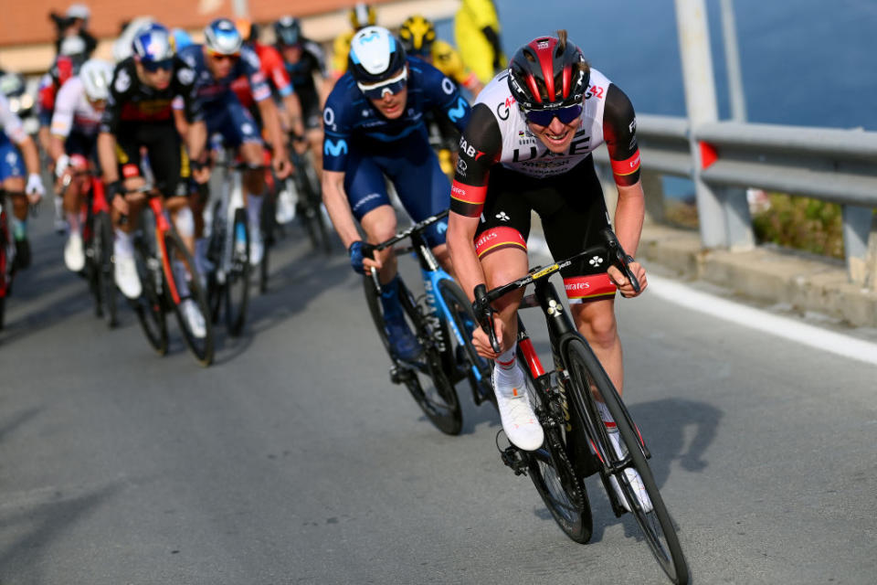 Tadej Pogacar makes an attack on the Poggio during the 2022 race