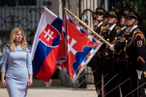 Caputova, reviewing the guard of honour during her inauguration ceremony, compaigned under the slogan "Stand up to evil" yet the community activist had previously been largely unknown