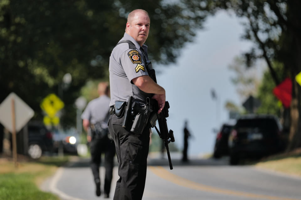 Police stand guard on the perimeter of a search zone for an escaped prisoner on Sept. 8, 2023, in Kennett Square, Pennsylvania. Law officers, tactical teams, cops on horseback, tracking dogs and aircraft were all searching for Danelo Souza Cavalcante, a 34-year-old from Brazil, who escaped from the Chester County Prison on Aug. 31. / Credit: Getty Images