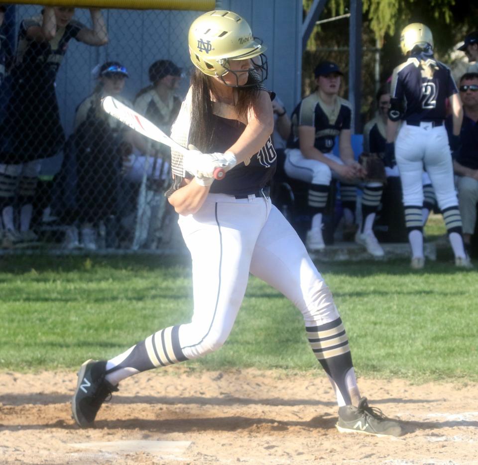 Elmira Notre Dame's Lawson Bigelow at the plate during a 9-1 win over Thomas A. Edison in softball April 12, 2023 at Notre Dame High School.