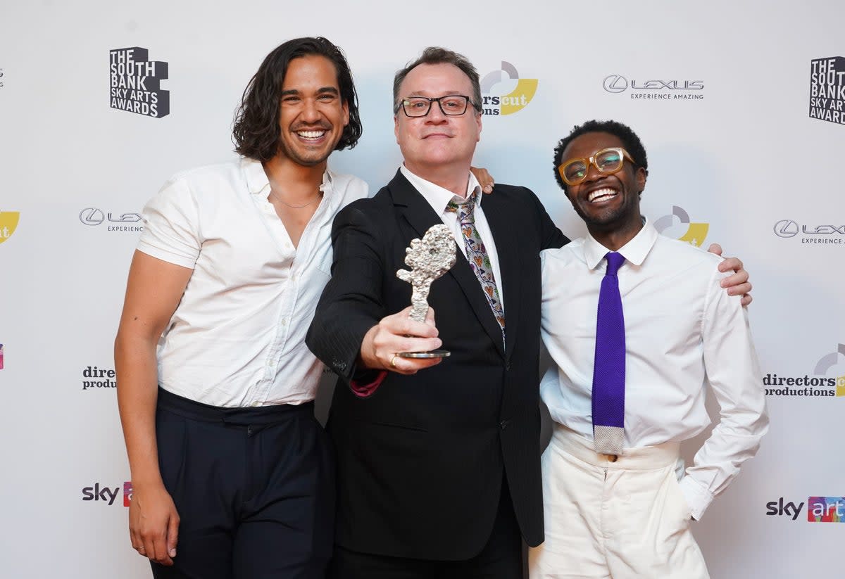 Nathaniel Curtis, Russell T Davis and Omari Douglas with the award for Its A Sin, which won the TV Drama Award, at the South Bank Sky Arts Awards at The Savoy in London (PA)