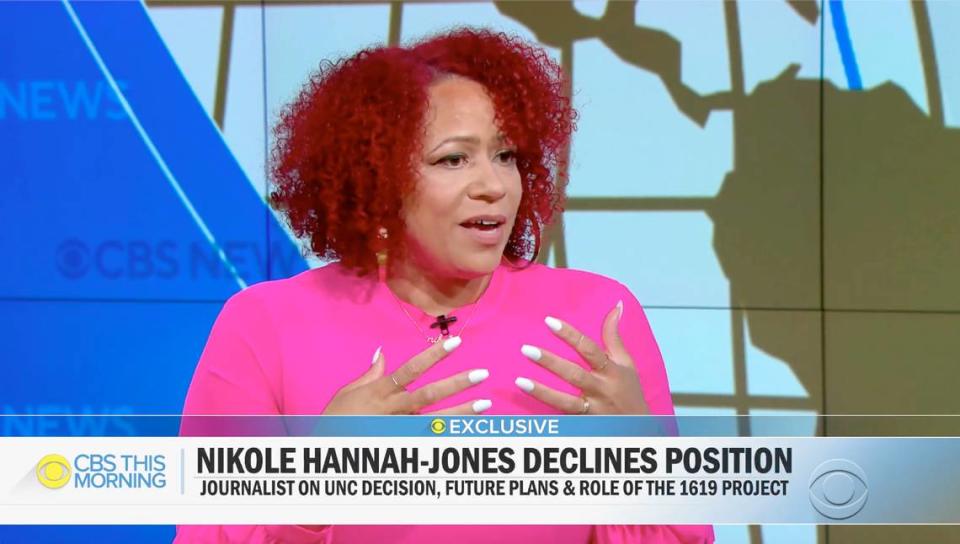 Journalist Nikole Hannah-Jones announces on CBS This Morning that she is declining the tenured position at the University of North Carolina.