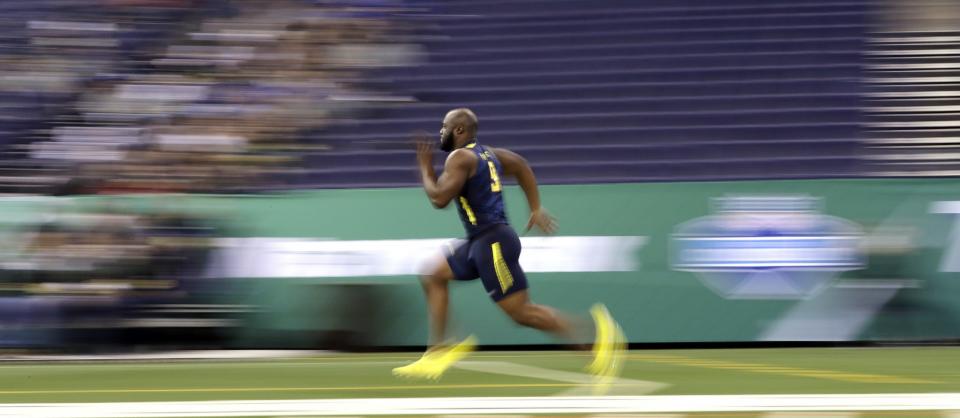 Here’s Leonard Fournette running fast at the NFL combine at 240 pounds. He weighed 228 on Wednesday. (AP)