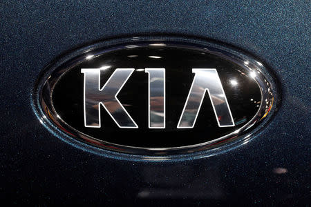 FILE PHOTO: The KIA logo is seen at the Paris auto show in Paris, France, Oct. 4, 2018. REUTERS/Benoit Tessier/File Photo