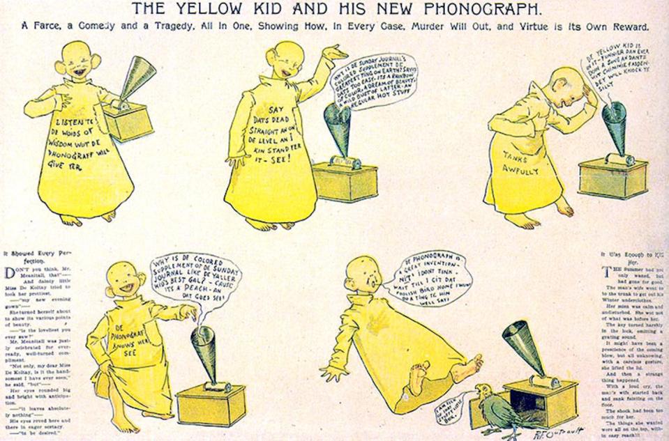 ‘The Yellow Kid and his new phonograph’ <a href="https://commons.wikimedia.org/wiki/File:Yellowkid_phonograph.jpg" rel="nofollow noopener" target="_blank" data-ylk="slk:Wikimedia Commons;elm:context_link;itc:0;sec:content-canvas" class="link ">Wikimedia Commons</a>