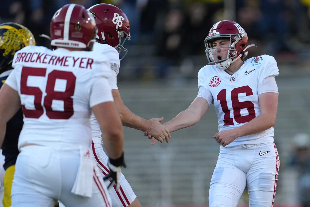 Jan 1, 2024; Pasadena, CA, USA; Alabama Crimson Tide place kicker Will Reichard (16) reacts after a field goal against the Michigan Wolverines during the first half in the 2024 Rose Bowl college football playoff semifinal game at Rose Bowl.