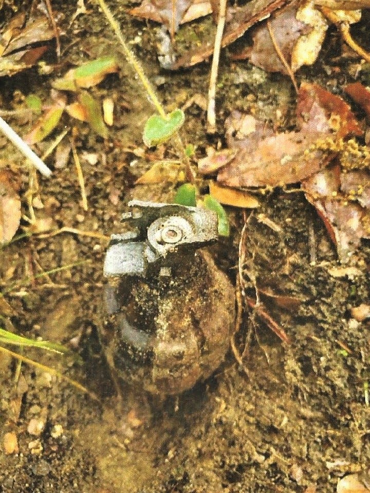 A World War II hand grenade found in April by contractors combing the western end of Croft State Park under the direction of the U.S. Army Corps of Engineers.