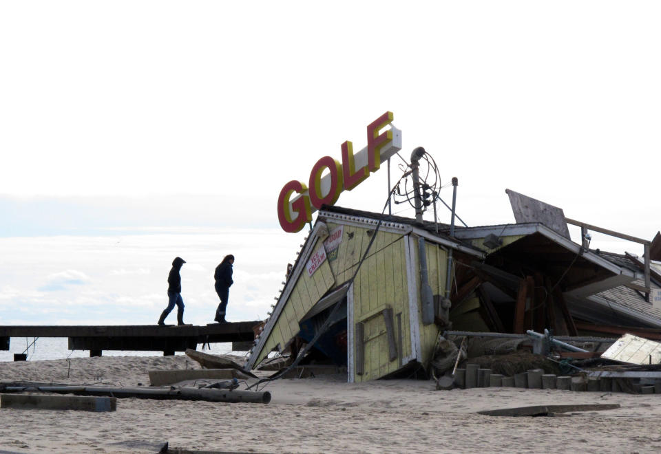 A mini-golf course on the boardwalk in Point Pleasant Beach N.J., shown here on Nov. 1, 2012, was destroyed by Hurricane Sandy. The storm wrecked boardwalks and amusements up and down the 127-mile Jersey shore. (AP Photo/Wayne Parry)