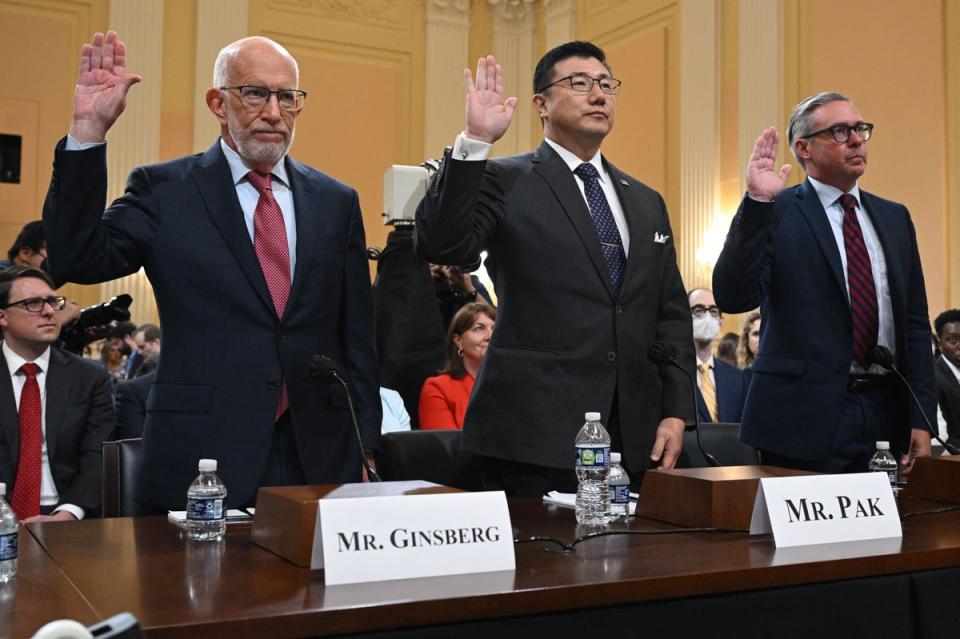 Conservative Republican election attorney Ben Ginsberg, Former Georgia US Attorney B.J. Pak and former Philadelphia city commissioner Al Schmidt (AFP via Getty Images)