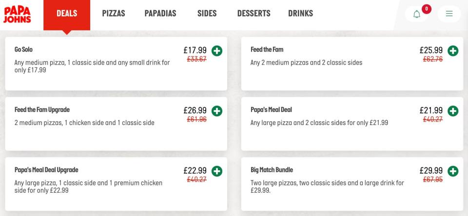 Screenshot showing offers on the Papa Johns website