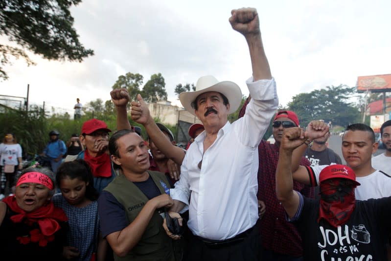Honduras former president Manuel Zelaya gestures during a protest against the government of president Juan Orlando Hernandez, whose brother Juan Antonio "Tony" Hernandez was found guilty of U.S. drug trafficking, in Tegucigalpa