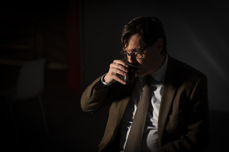 Catalan Socialist Party (PSC) candidate in the upcoming Catalan elections Salvador Illa, drinks coffee during a photo session at the party headquarter in Barcelona, Spain, Monday, Feb. 8, 2021. A former health minister of Spain hopes to become a quiet political disruptor in the country's Catalonia region when voters go to the polls next weekend. (AP Photo/Emilio Morenatti)