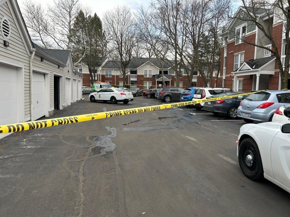 Indianapolis police tape off a homicide crime scene at 3900 Gable Lane Drive on Wednesday, Feb. 21, 2024.