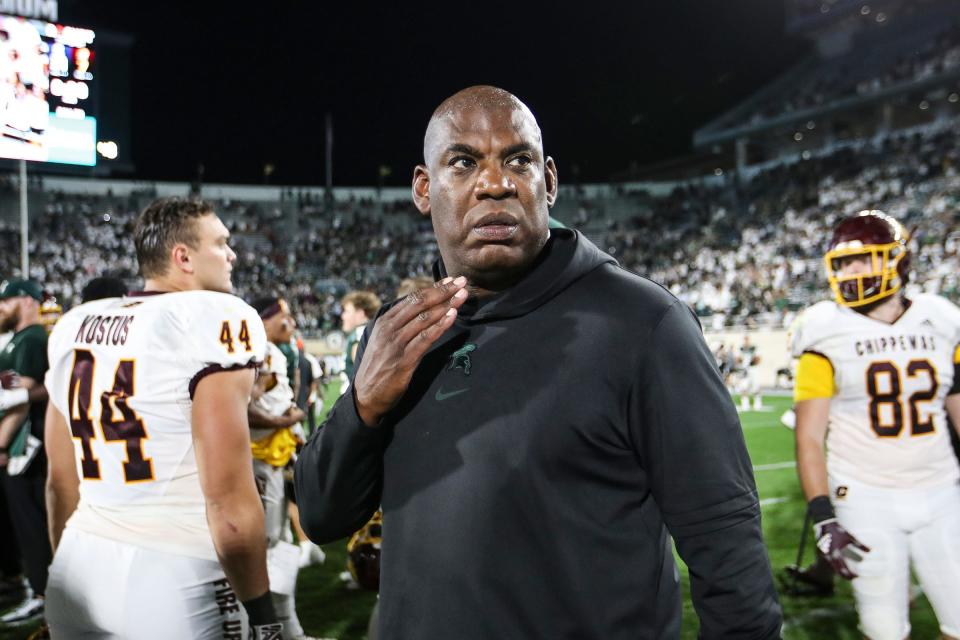 Michigan State head coach Mel Tucker on the field after the Spartans' 31-7 win over Central Michigan at Spartan Stadium in East Lansing on Friday, Sept. 1, 2023.