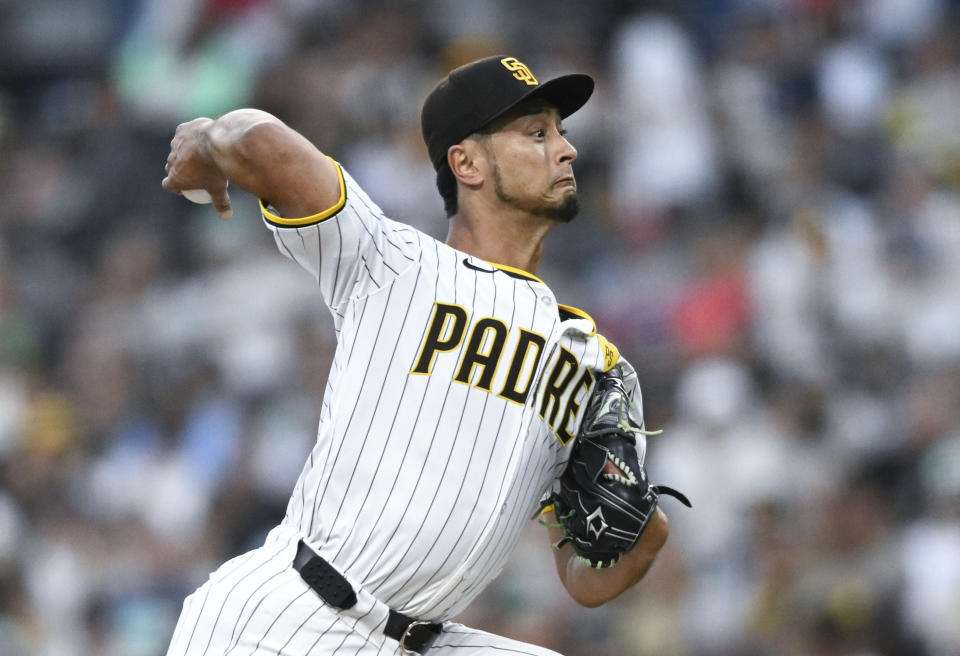 San Diego Padres starting pitcher Yu Darvish delivers during the first inning of the team's baseball game against the St. Louis Cardinals, Tuesday, April 2, 2024, in San Diego. (AP Photo/Denis Poroy)