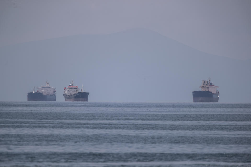 Anchored ships are seen miles away from the port of Piraeus, near Athens, Greece, Tuesday, May 26, 2020. During the new coronavirus pandemic, about 150,000 seafarers are stranded at sea in need of crew changes, according to the International Chamber of Shipping. Roughly another 150,000 are stuck on shore, waiting to get back to work. (AP Photo/Petros Giannakouris)