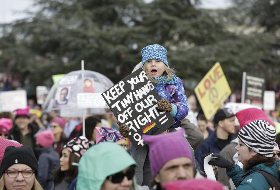 Gemma Newell, 5, holds a sign during the Women's March in Seattle, Washington on January 21, 2017.&nbsp;