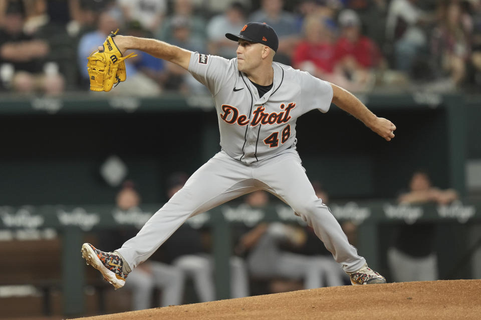 Detroit Tigers starting pitcher Matthew Boyd throws during the first inning of a baseball game against the Texas Rangers in Arlington, Texas, Monday, June 26, 2023. (AP Photo/LM Otero)