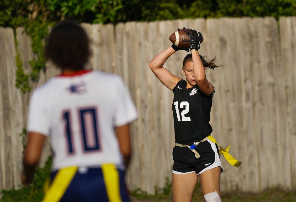 Braden River's Aryanna Spainhower makes a touchdown reception against Estero in the Class 1A regional flag football quarterfinal game in Bradenton on Wednesday, April 17, 2024. Braden River defeated Estero 41-0.